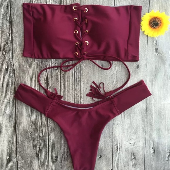 Other - Wine Bikini Swim Two Piece Lace Up Bandeau Set